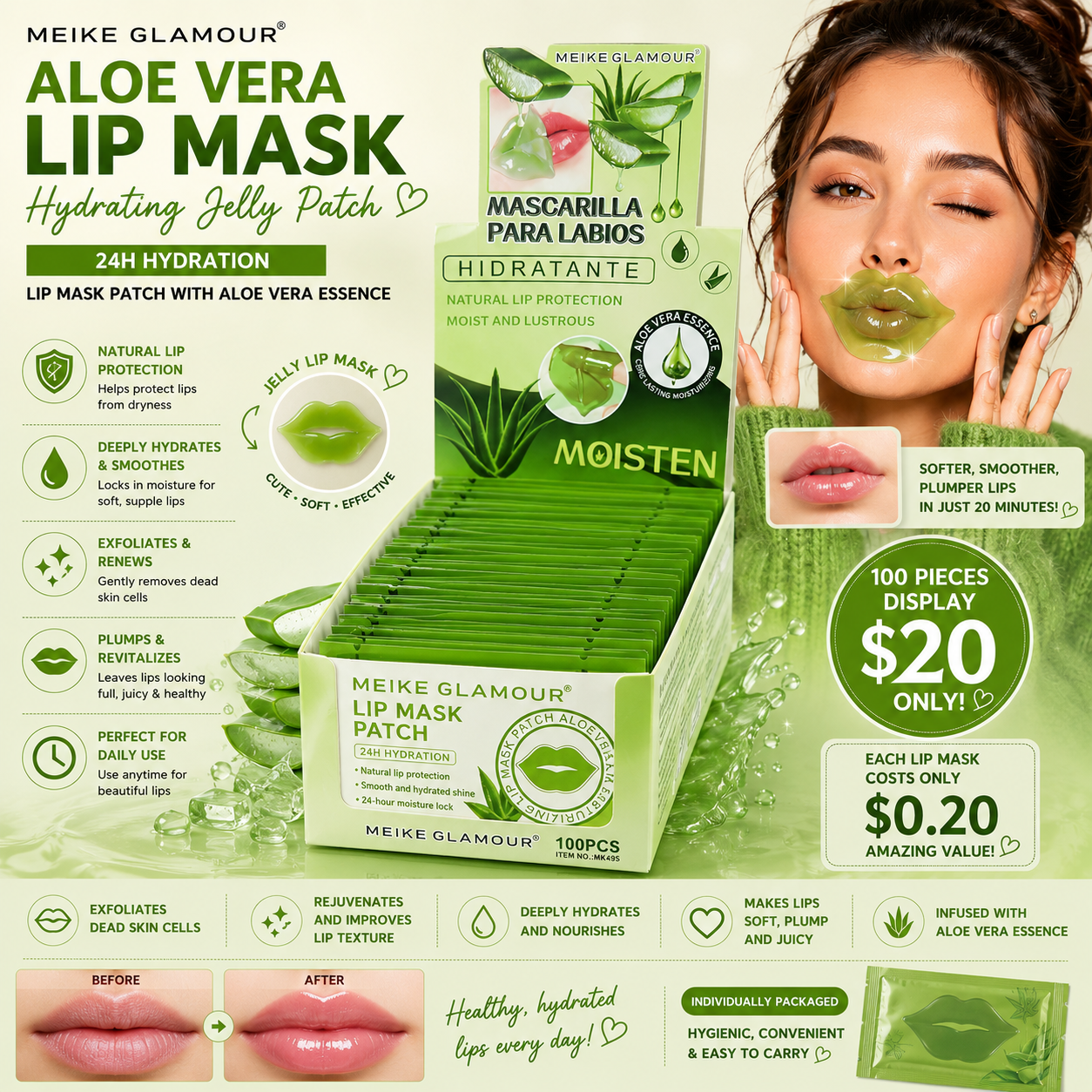 100PCS MEIKE GLAMOUR ALOE VERA LIP MASK MK 495