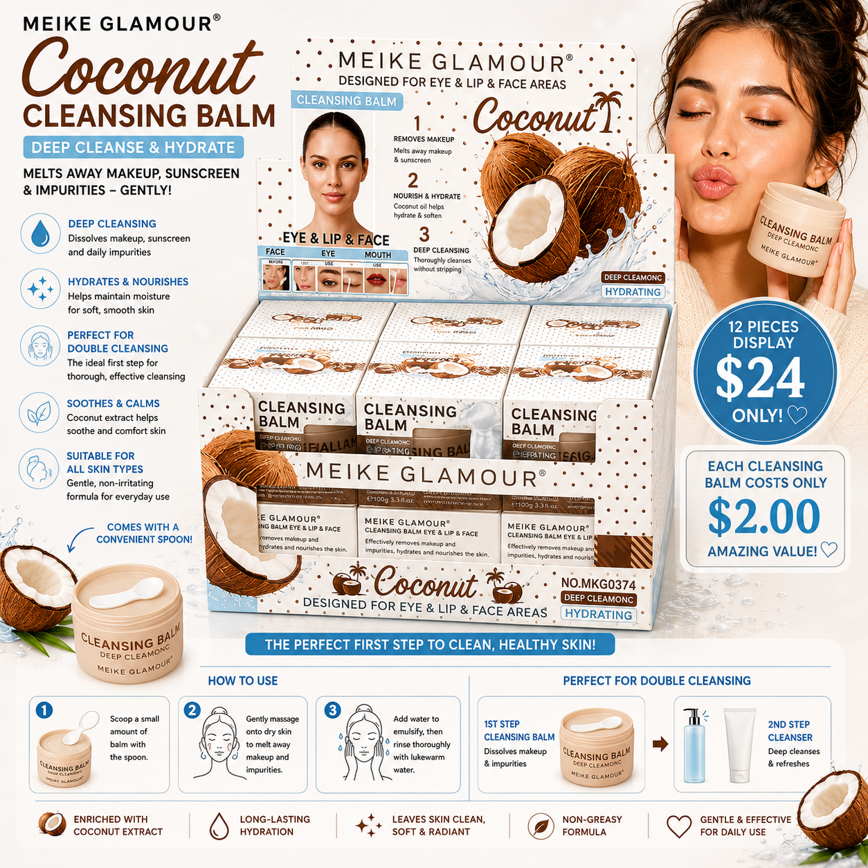 12PCS MEIKE GLAMOUR COCONUT FACE CLEANSING CREAM MKG0374