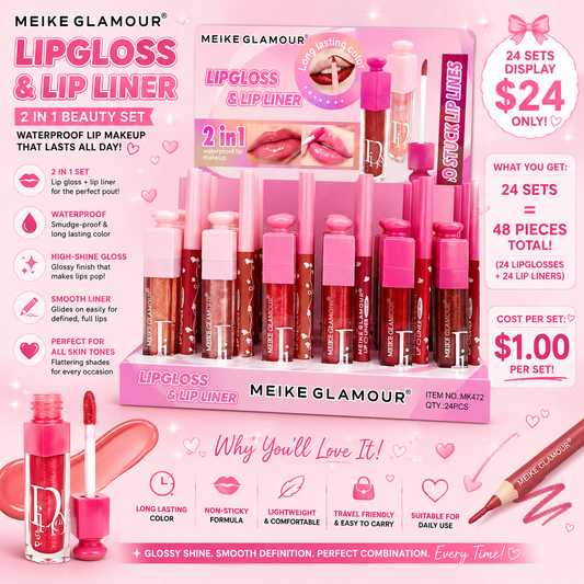 24PCS DISPLAY WATERPROOF MEIKE GLAMOUR LIPGLOSS + LIP LINER MK472