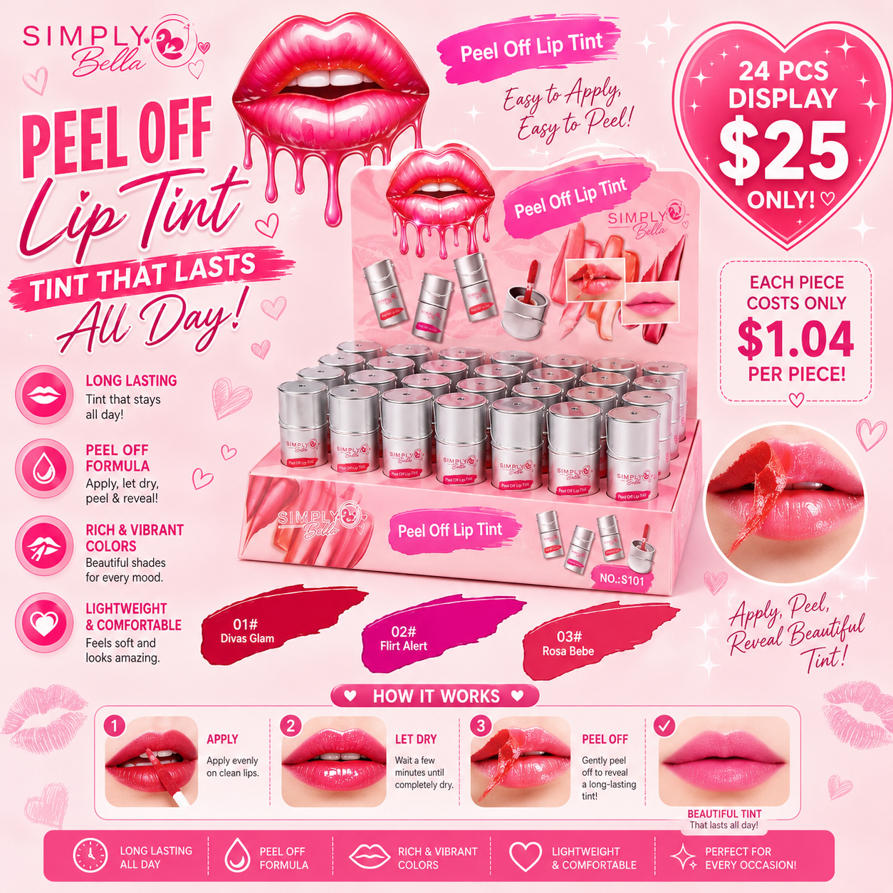 24PCS DISPLAY SIMPLY BELLA PEEL OFF LIP TINT S101