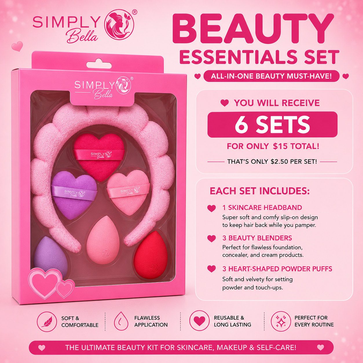 6 SETS SIMPLY BELLA PINK  HEADBAND SPONGE AND PUFF STB015