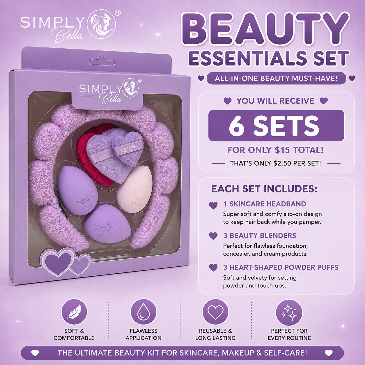 6SETS SIMPLY BELLA PURPLE HEADBAND SPONGE AND PUFF STB015