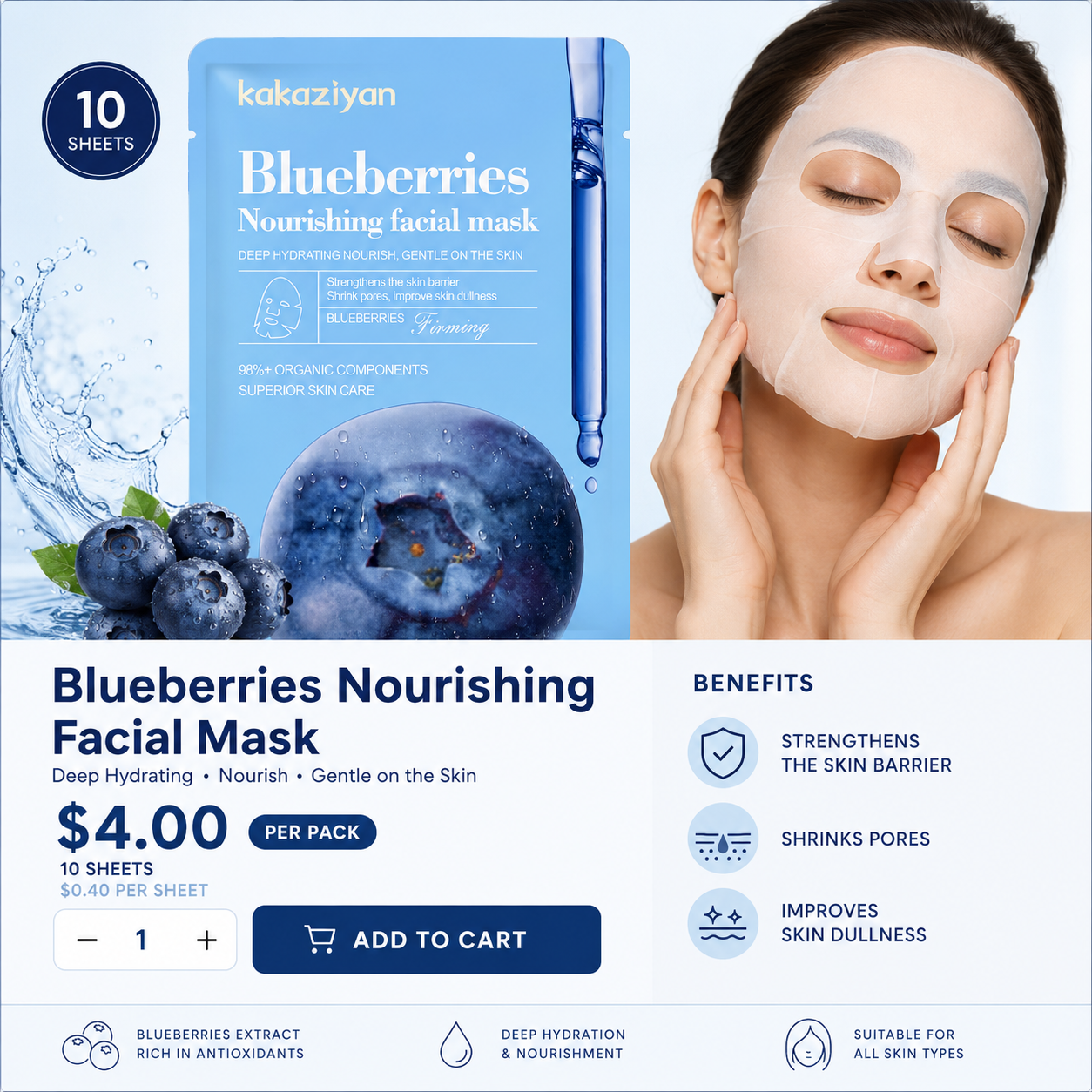 10PCS PACK KAKAZIYAN FACE-MASK BLUEBERRY M010