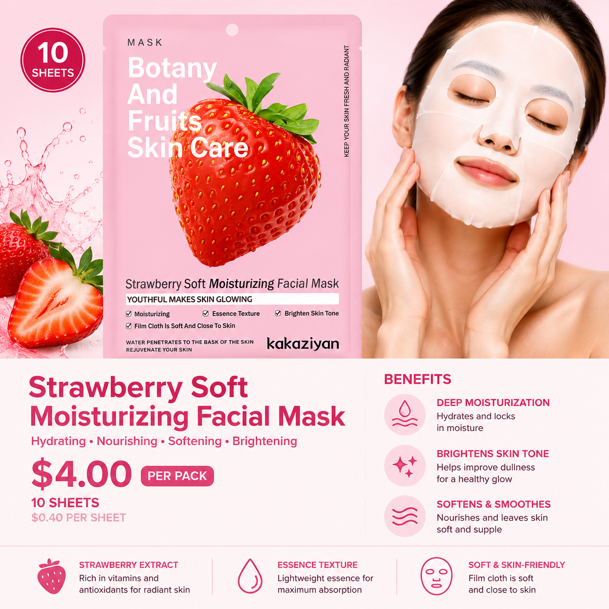 10PCS PACK KAKAZIYAN FACE-MASK STRAWBERRY M60