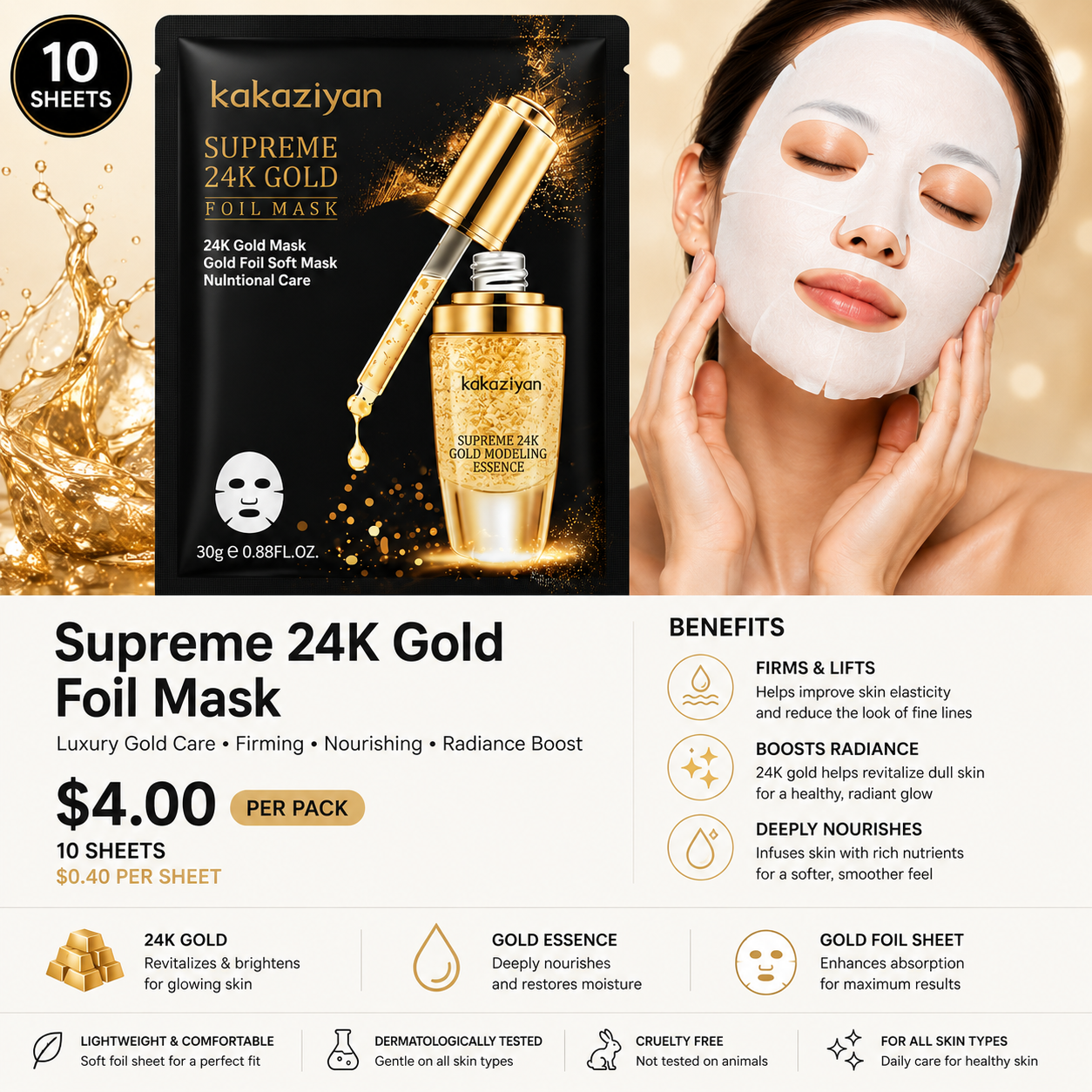 10PCS PACK KAKAZIYAN FACE-MASK 24K GOLD M81