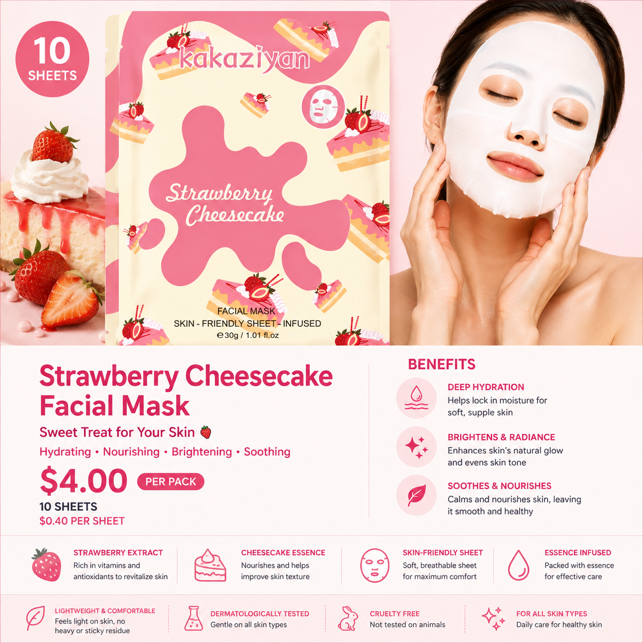 10PCS PACK KAKAZIYAN FACE-MASK STRAWBERRY CHEESECAKE M229