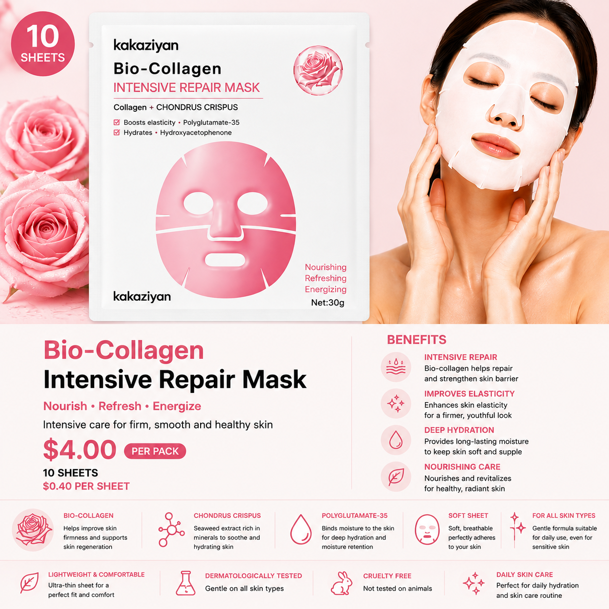 10PCS PACK KAKAZIYAN FACE-MASK BIO COLLAGEN MJ003