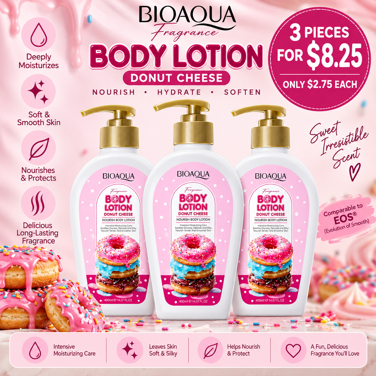 3PCS BIOAQUA  DONUT CHEESE BODY LOTION