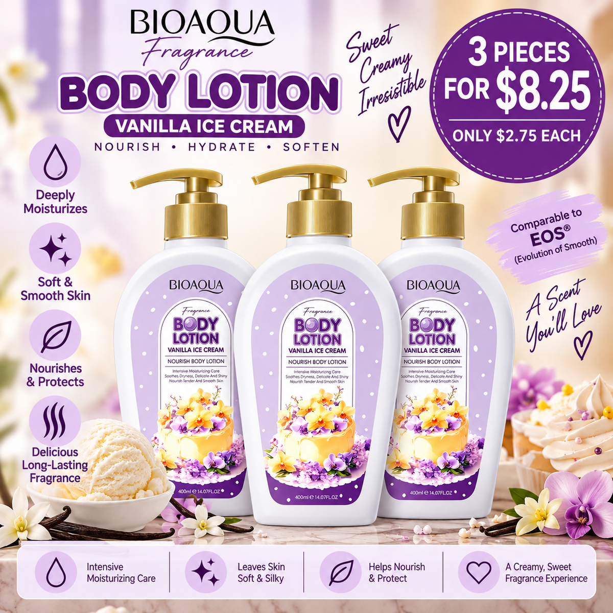 3PCS BIOAQUA VANILLA ICE CREAM BODY LOTION