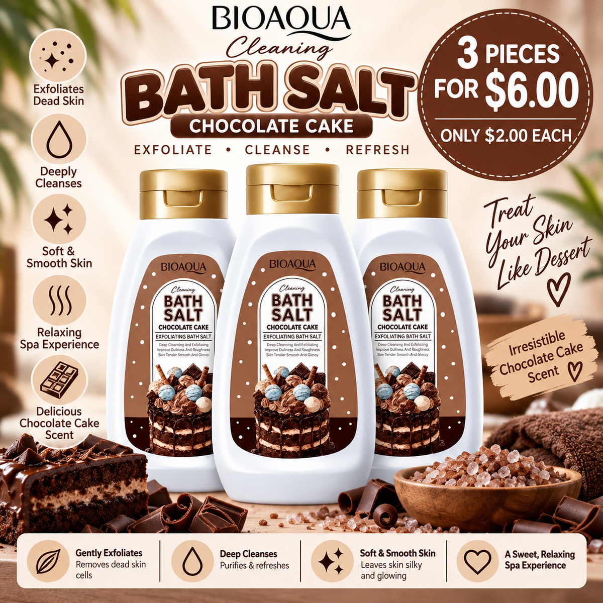3PCS BIOAQUA BATH SALT CHOCOLATE CAKE