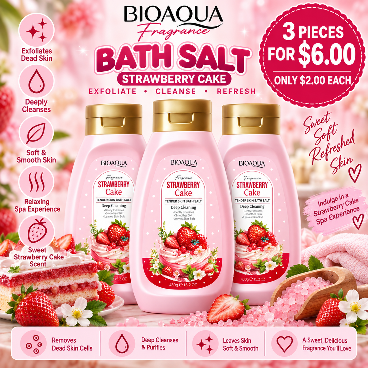3PCS BIOAQUA BATH SALT STRAWBERRY CAKE