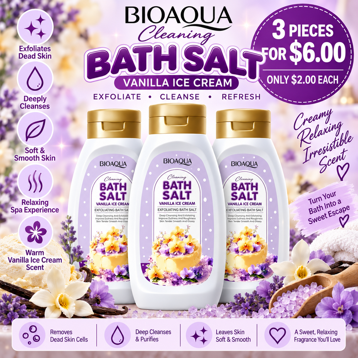 3PCS BIOAQUA BATH SALT VANILLA ICE CREAM