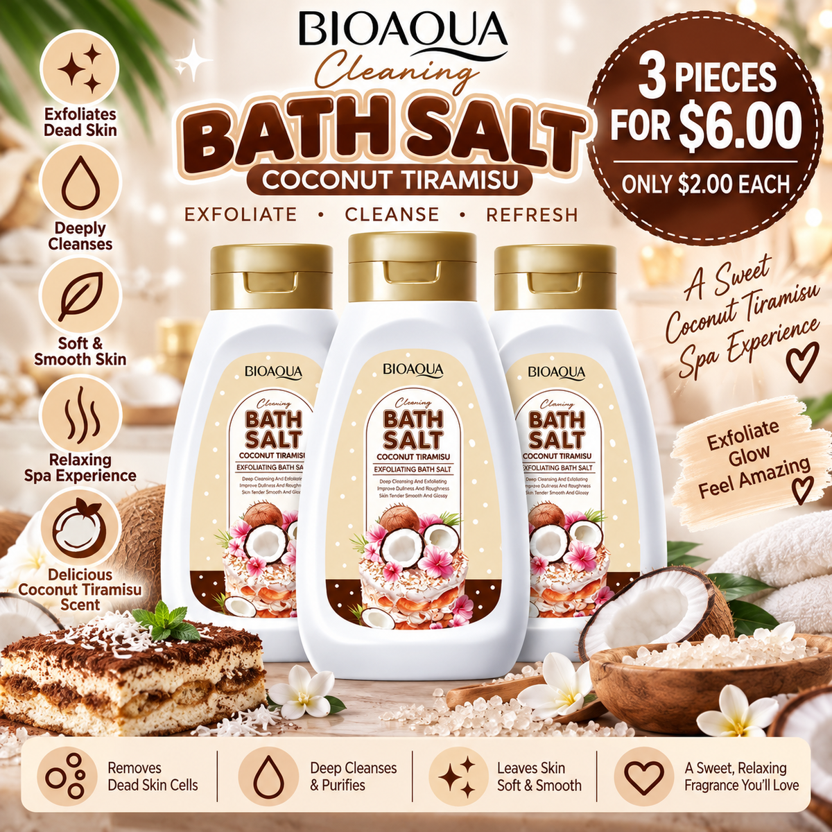 3PCS BIOAQUA BATH SALT COCONUT TIRAMISU
