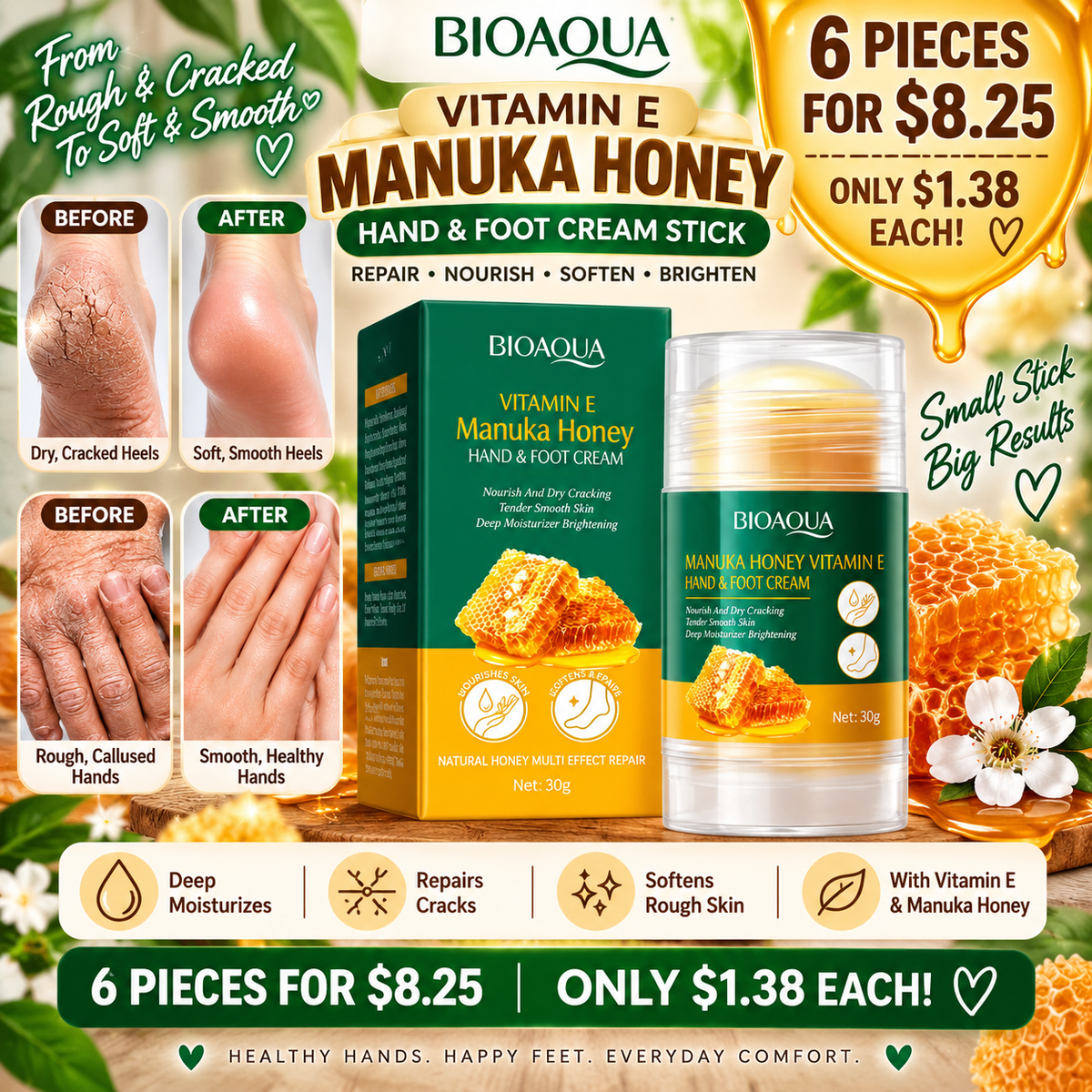 6PCS BIOAQUA MANUKA HONEY AND VITAMIN E HAND AND FOOT STICK