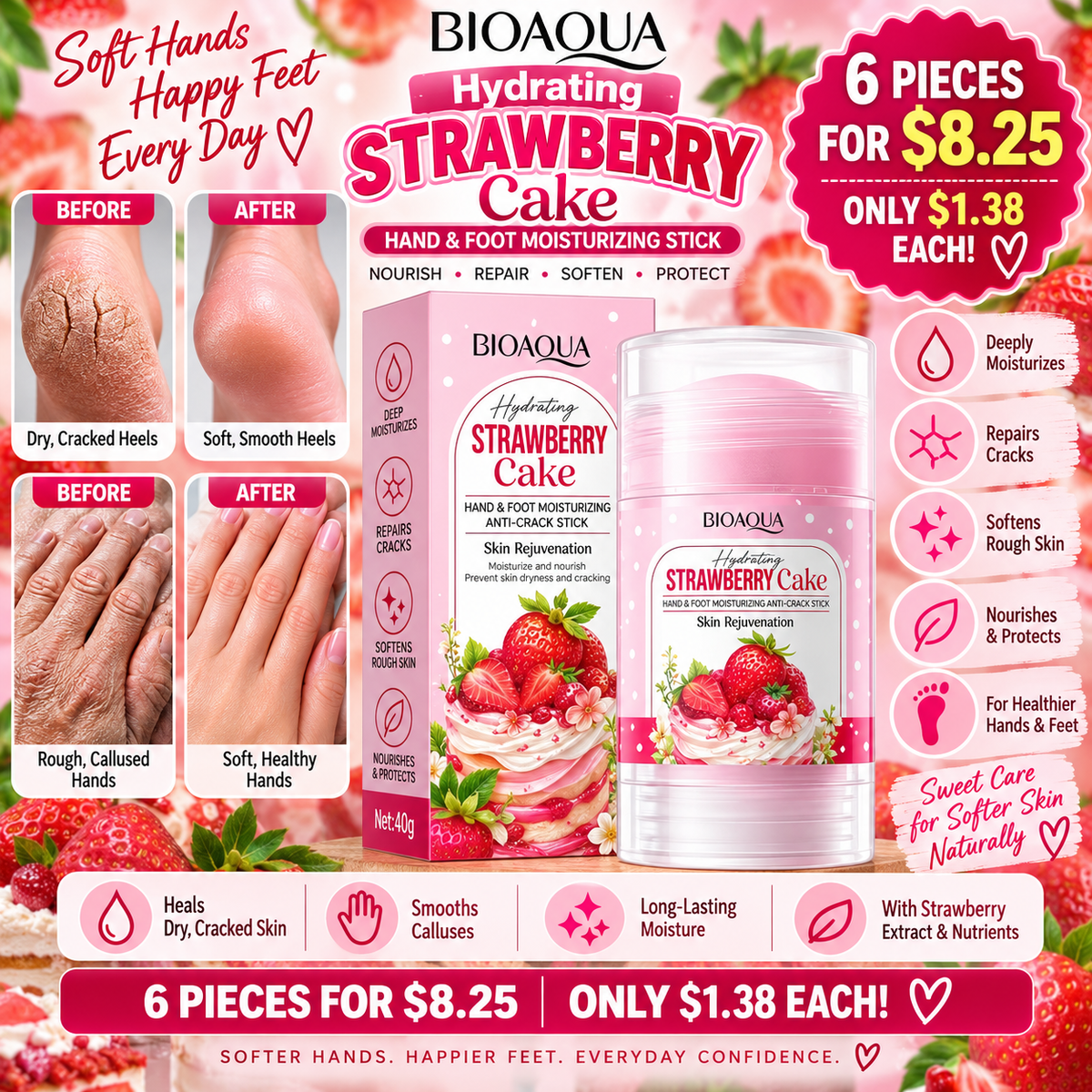 6PCS BIOAQUA STRAWBERRY CAKE HAND AND FOOT STICK