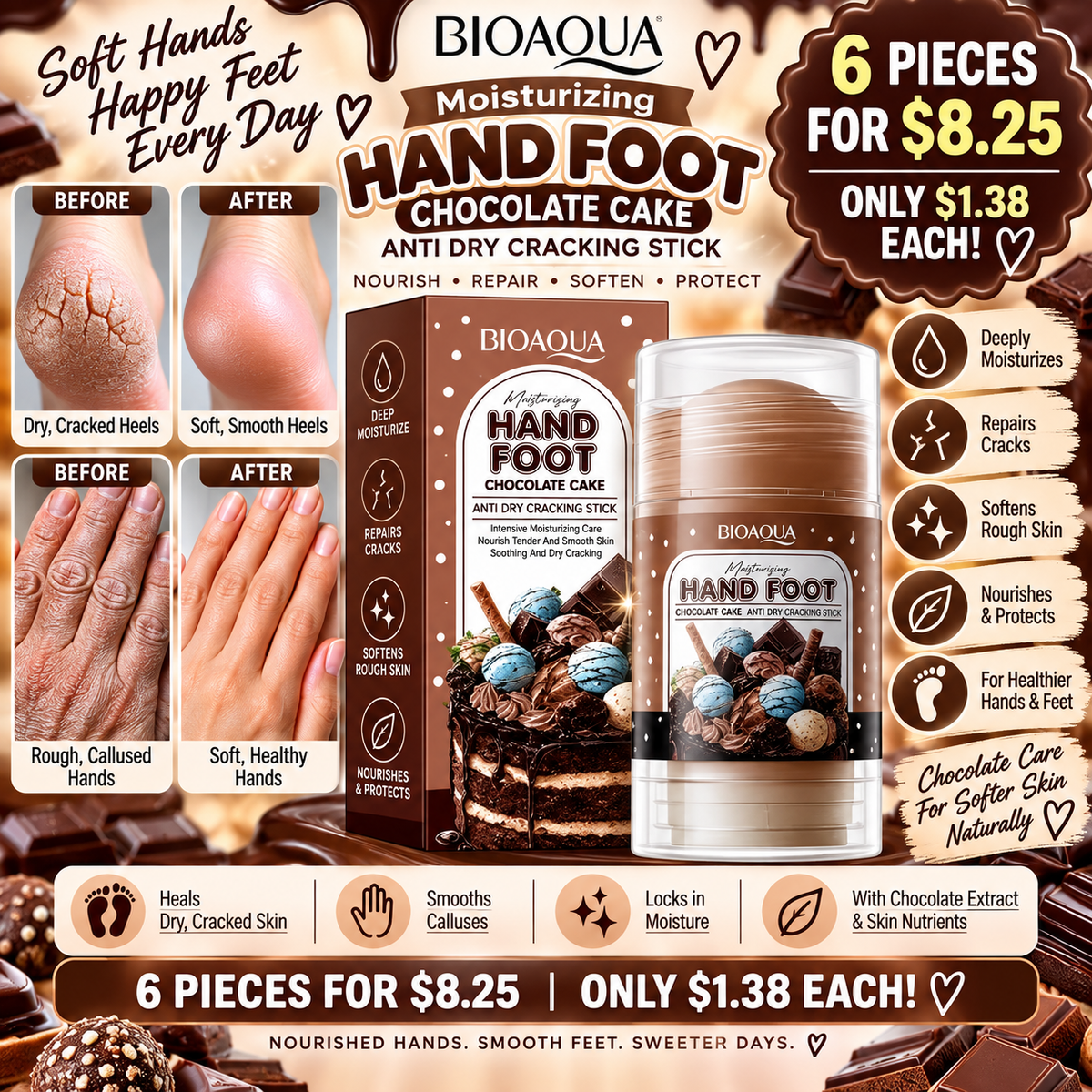 6PCS BIOAQUA CHOCOLATE CAKE HAND AND FOOT STICK