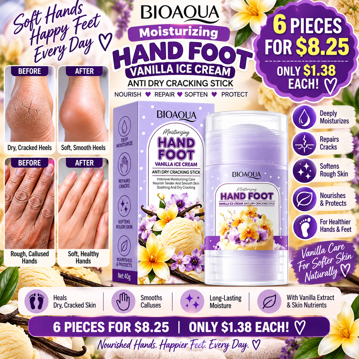 6PCS BIOAQUA VANILLA ICE CREAM HAND AND FOOT STICK