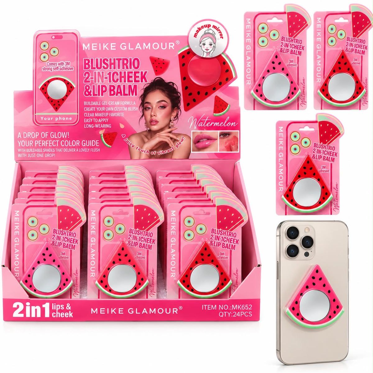 Meike Glamour Watermelon Blushtrio 2in1 cheek & Lip Balm + Phone Holder